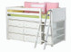 The Maxtrix Low Loft has 32" of clearance under the top bed. Pictured in white with panel ends, two 3 drawer chests and a side bookcase. One of many possible configurations. Shown in twin size but also comes in full size. Angled ladder can set up left or right. 80" total length left to right. Get the low profile mattress at the Bedroom Source. It will be delivered same time as the bed with no extra delivery charge. Special financing available*