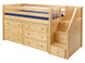 The Maxtrix Low Loft with Stairs has 33" of clearance under the top bed. Pictured in natural with two 3 drawer chests. One of many possible configurations. Shown in twin size but also comes in full size. Stairs can set up left or right. 100" total length left to right. Get the low profile mattress at the Bedroom Source. It will be delivered same time as the bed with no extra delivery charge. Special financing available*