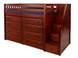 The Maxtrix Mid Loft with Stairs has 44" of clearance under the top bed. Pictured in chestnut with two 4 drawer chests. One of many possible configurations. Shown in twin size but also comes in full size. Stairs can set up left or right. 100" total length left to right. Get the low profile mattress at the Bedroom Source. It will be delivered same time as the bed with no extra delivery charge. Special financing available*