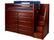 The Maxtrix High Loft with Stairs has 52" of clearance under the top bed. Pictured in chestnut with two 5 drawer chests. One of many possible configurations. Shown in twin size but also comes in full size. Stairs can set up left or right. 100" total length left to right. Get the low profile mattress at the Bedroom Source. It will be delivered same time as the bed with no extra delivery charge. Special financing available*