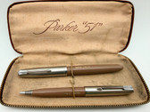 PARKER 51 AEROMETRIC COCOA FOUNTAIN PEN & PENCIL SET IN BOX F 14K