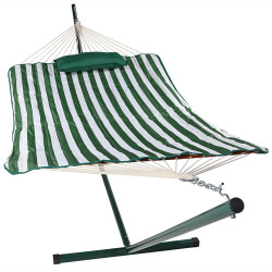 Sunnydaze Green/White Stripe Rope Hammock and Stand Combo with Pad and Pillow