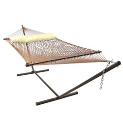 Sunnydaze Brown Polyester Rope Hammock & Stand with Pillow Combo