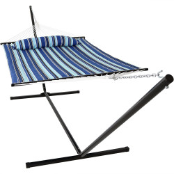 Sunnydaze Catalina Beach Quilted Double Fabric Hammock w/ Spreader Bar, Pillow and Stand Combo
