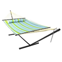 Blue and Green Quilted Double Fabric Hammock w/ Spreader Bar, Pillow and Stand Combo by Sunnydaze