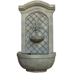 Sunnydaze Rosette Outdoor Solar Wall Fountain with Battery Backup - Outside Patio and Garden Water Feature with Rechargeable Solar Battery - French Limestone Finish