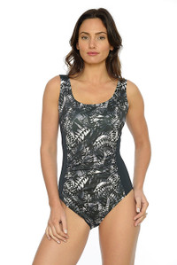 10 ONLY - Monochrome Ruched Tank One Piece Swimsuit: Chlorine resistant
