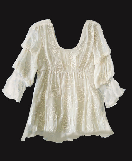 Sagrada - Romantic blouse with 3 tiered puff sheer sleeves and empire line bodice, featuring scoop front neckline and truncated "V" back neckline and a lined bodice.  made of 100% silk textured georgette delicately embroidered with cotton thread in "droplet" pattern.