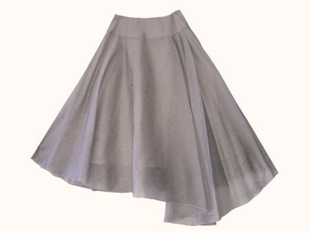 Semicircle skirt made of satin jacquard silk organza featuring a scroll pattern and a pleated drop hem on left front.  Closed on left side by a concealed zipper.  100% silk, exclusive of lining.