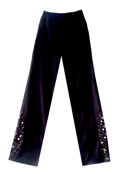 Pedreras Trousers - Classic straight leg trousers, fully lined, zipped at centre back by a concealed zipper, featuring a boat shaped bead embroidered  insert on bottom side leg,  Made of 100% silk crepe, exclusive of lining and beads.