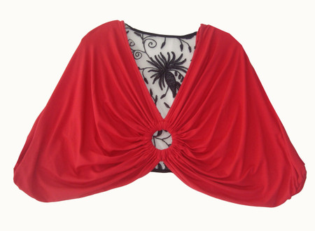 Batwing shrug featuring a  white mesh insert embroidered with black cotton at centre back and front gathered around a hoop. Made of Viscose elastane and nylon mesh with cotton embroidery.