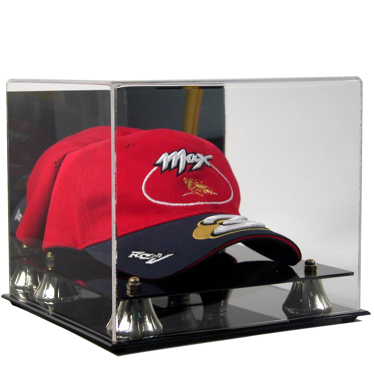Baseball cap display acrylic case with two tier black and gold riser base 