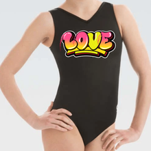 Clearance! Graffiti LOVE CM Girls Gymnastics Leotard: Black Nylon.