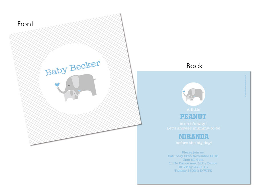 Personalised Baby Shower Invitations Blue Baby Elephant Theme
